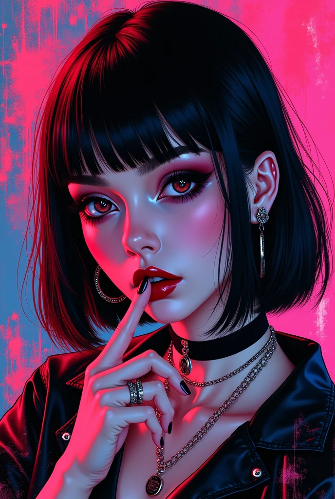 masterpiece, neon splash art of a goth cyberpunk girl, straight-cut bob, bangs, black hair with red streak, earrings, necklaces, red thin lips, dark eyeshadow, choker, black nail varnish, one hand near her mouth, sensual, sexy, vibrant surreal colours