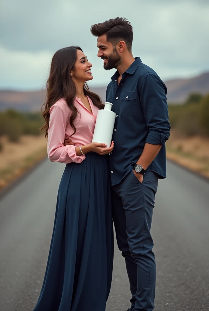 A real life beautiful Lebanese woman on a beautiful long sleeve pink shirt and navy blue long skirt with her American male partner on a navy blue attire and chinos, smiling on a long road alone, holding a large skin care lotion bottle in one hand, looking at each other affectionately without any body contact, smiling and happy, with a subtle background of stars or a compass, symbolizing their journey together being guided by destiny.
With a caption of: I Write Books on Skincare, Relationship and Destiny.