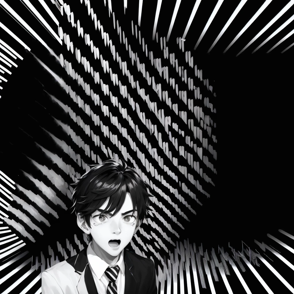 (((Black and white background with converging lines)))、(((Young handsome man with surprised face))),