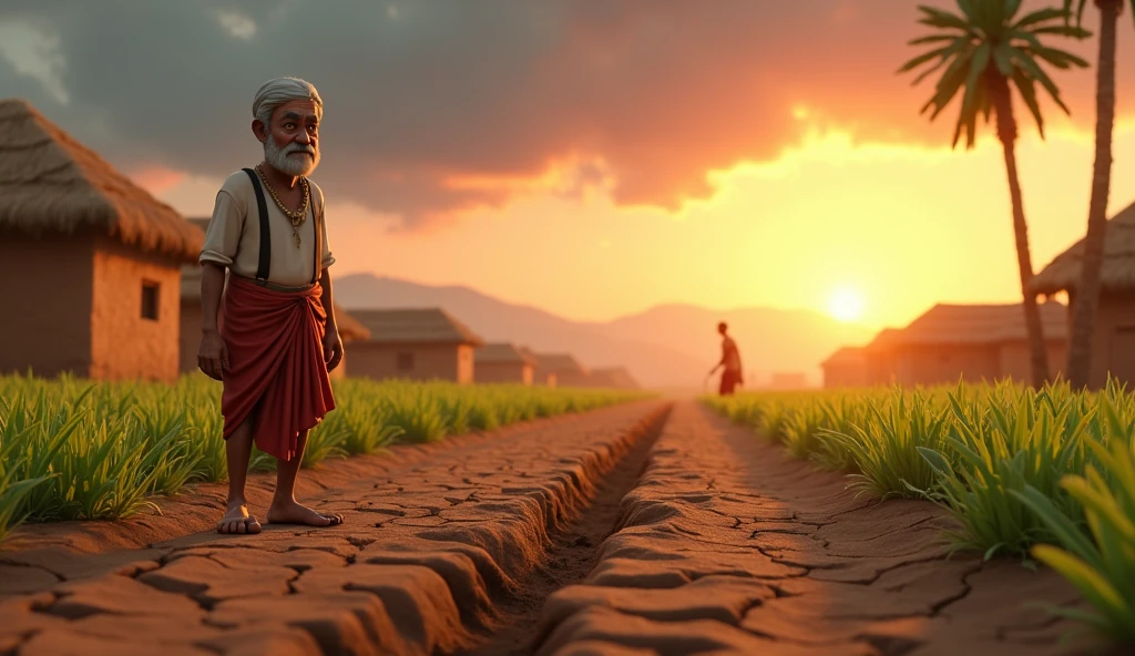 In 3D animation style:A small, traditional Indian village scene at dawn, with simple mud houses and fields surrounding them. In the foreground, a farmer named Mohan, looking older and worried, stands in his barren field. The soil appears dry and cracked, with no crops growing, while dark clouds loom overhead, symbolizing his struggles. Nearby, another field can be seen, lush and green, belonging to his neighbor. The neighbor is working peacefully, unaware of Mohan’s plight. The contrast between the two fields highlights the consequences of Mohan's past actions.