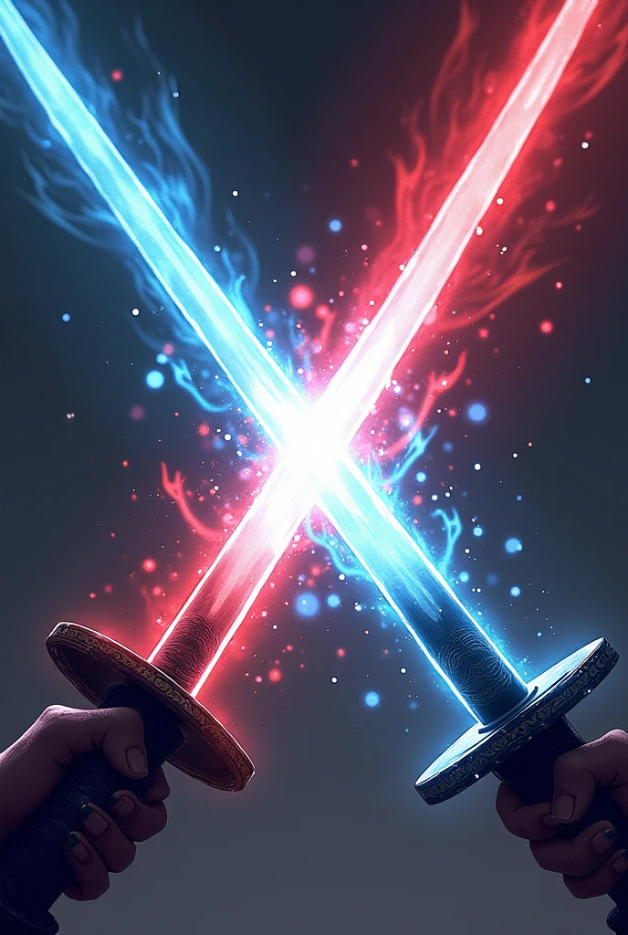 Blue and red crossed katana sword and white Hikari Blades in between and it should be like in Japanese anime