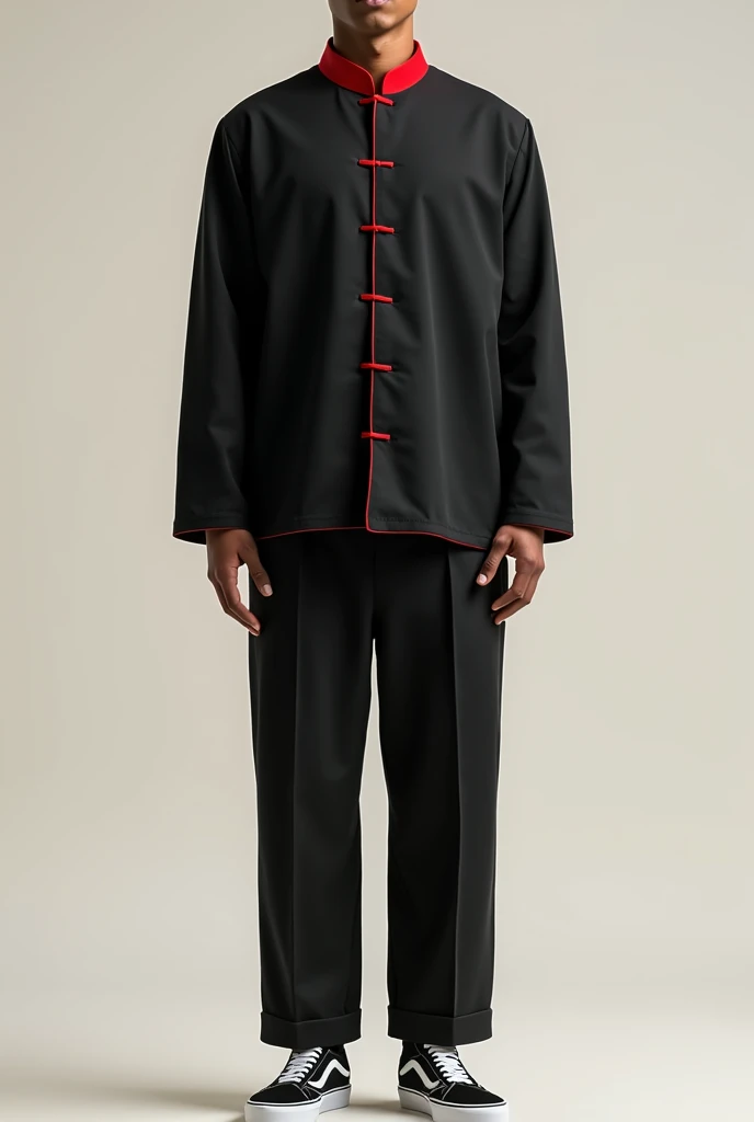 Black restaurant longsleeves  uniform with red Chinese collar with black pants, and vans old school shoes
