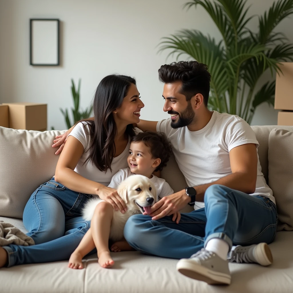 generate image of a young happy couple in their early 30's who have just moved into their new home. Couple is sitting on couch in their living room and their 2 kids, a 6 year girl and 3 year boy kid playing with dog near couch. Couple is Indian couple , living hall interior is modern contemporary with few indoor plants. Couple is dressed in smart western casuals like jeans and t-shirt. Picture is taken from little back so that more of their newly decorated in living hall is visible and few unopened cartons to represent that they just moved in.