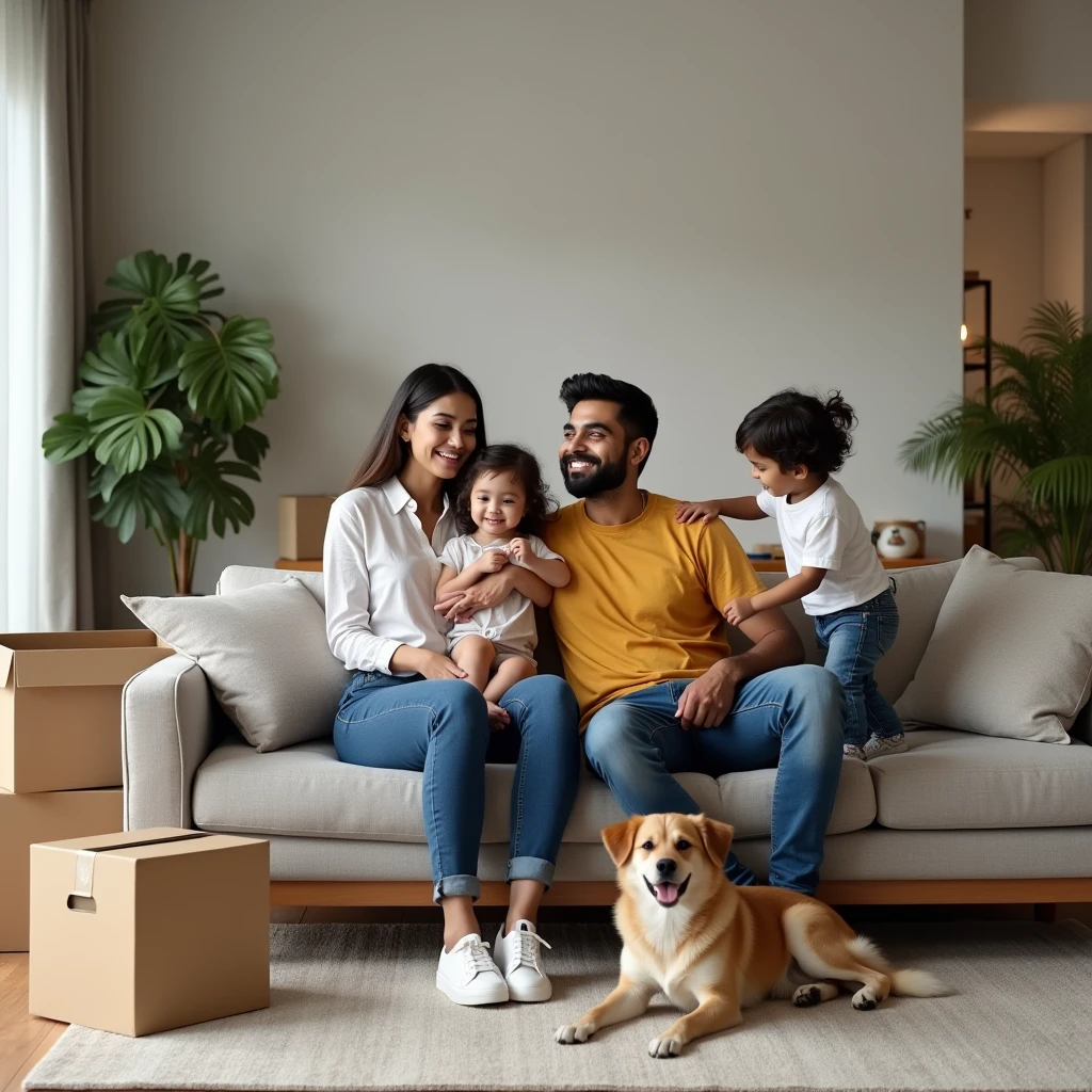 generate image of a young happy couple in their early 30's who have just moved into their new home which is designed by my interior design company. Couple is sitting on couch in their living room and their young girl kid playing with dog near couch. Couple is Indian couple , living hall interior is modern contemporary with few indoor plants. Couple is dressed in smart western casuals like jeans and t-shirt. Picture is taken from little back so that more of their newly decorated inliving hall is visible and few unopened cartons to represent that they just moved in and not completely done with unpacking.