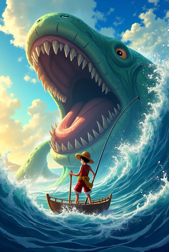 one piece luffy fishing on a ship, a sea monster getting fished out of the water, vibrant color, warm lighting, sunshine, sea waves, water splash
