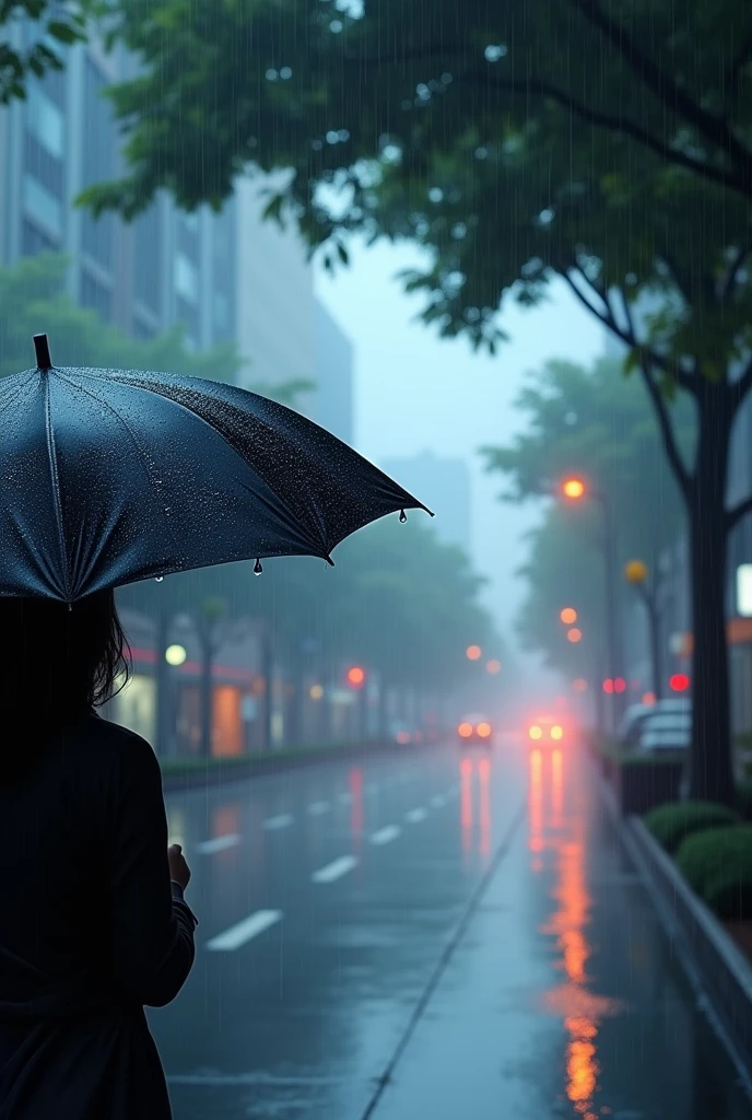 In the rain、View from an umbrella perspective。Raindrops dripping from the edge of the umbrella、Below are wet roads and puddles.。In the background、Blurred cityscape and trees in the rain々I can see、The light from the street lamp is reflected in the puddle。The overall color scheme is calm and soothing、A scene that gives off a moist rainy atmosphere。No people。