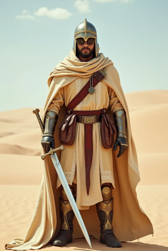 A regal figure stands cloaked in desert hues, beige and cream robes with intricate white patterns, clasping a silver sword adorned with a cross, a void-like helmet, a crimson sash, various leather pouches, a bone pendant, flintlock pistol, and detailed golden armor on limbs give contrast, soft sky, an open bright backdrop