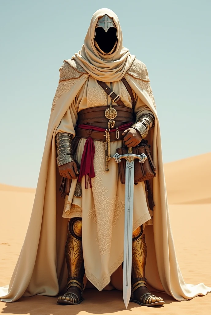 A regal figure stands cloaked in desert hues, beige and cream robes with intricate white patterns, clasping a silver sword adorned with a cross, a void-like helmet, a crimson sash, various leather pouches, a bone pendant, flintlock pistol, and detailed golden armor on limbs give contrast, soft sky, an open bright backdrop