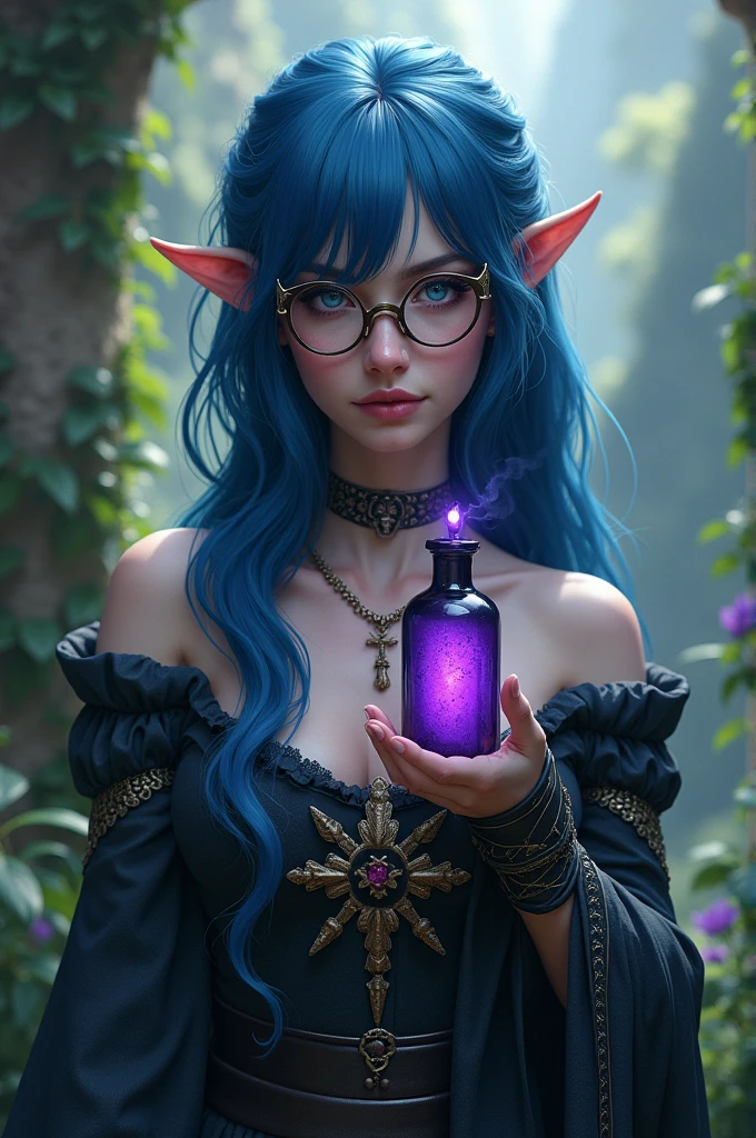 A medieval witch, king, beautiful, sexy, blue hair, with glasses, a nose piercing, and a purple bottle in his hand.