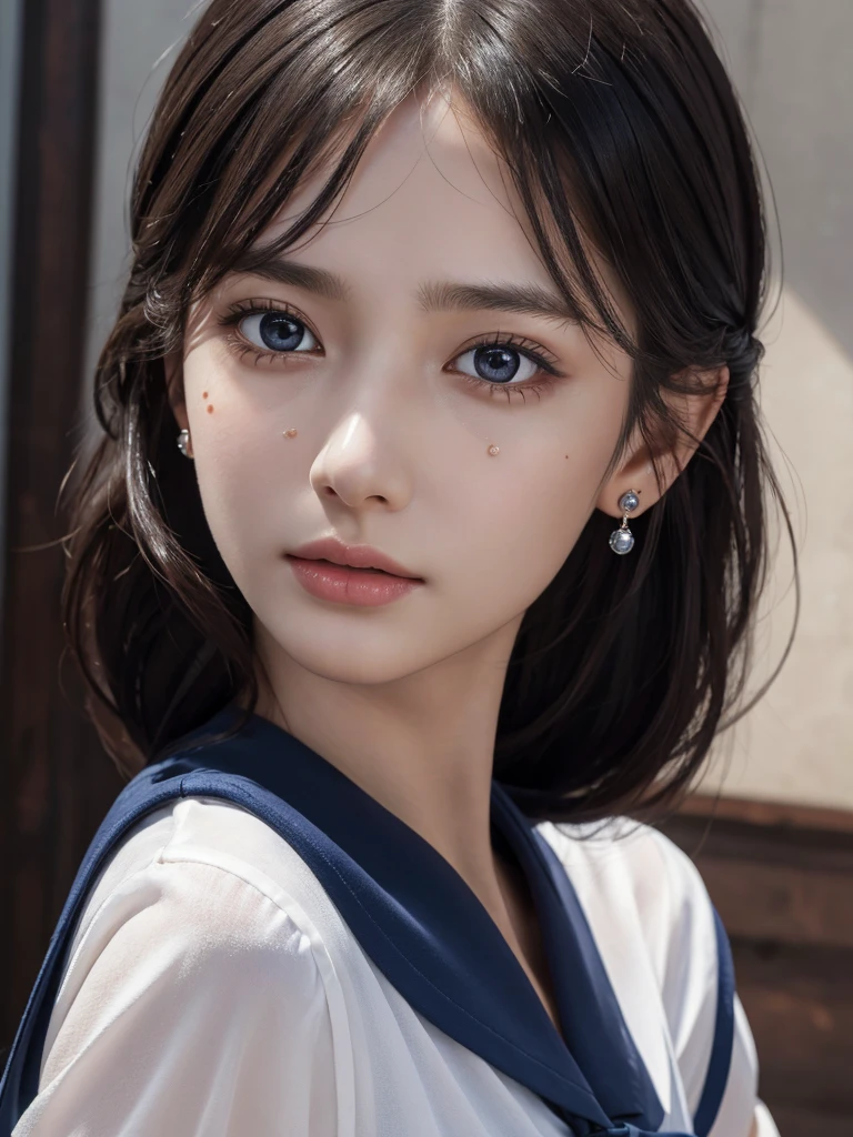 absurdres, RAW photo, extremely delicate and beautiful, masterpiece, Highest Quality, ultra high resolution, 32k, hyperrealistic, realistic, photorealistic, photo-realistic, Real, ultra-detailed, super Detailed skin, in her 30s, very Slim body, narrow waist, very small head, very small face, delicate facial features, handsome detailed woman, very detailed eyes and face, realistic face proportions, Realistic beautiful face, Realistic beautiful eyes, tearful mole, earring, full body shot, very huge round tits, medium hair, asymmetrical hair, wavy hair, school_uniform, navy blue skirt,