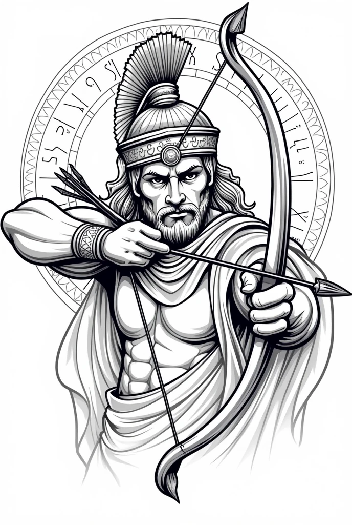 (Linear tattoo), Greek warrior face pointing war bow and arrows to the front and Sagittarius in the background