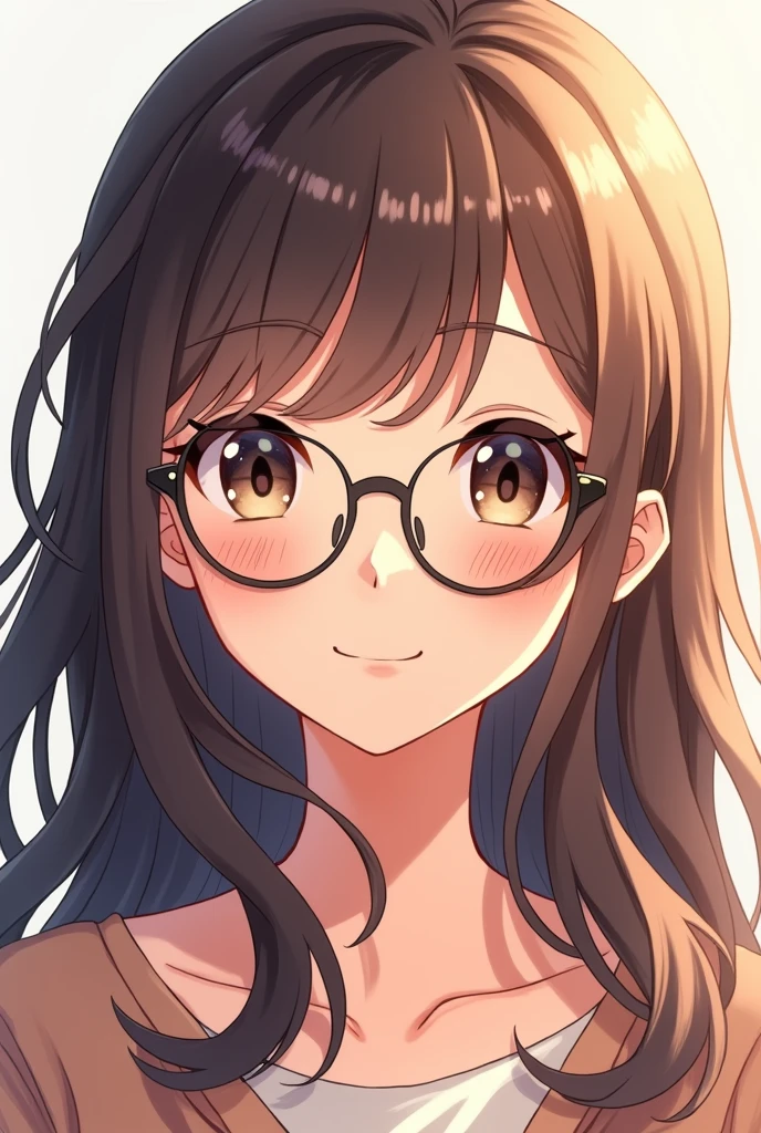 Anime girl with hair down to her chest with some curls at the ends. Her bangs are slightly wavy, and she wears thin frame glasses and also she is smiling