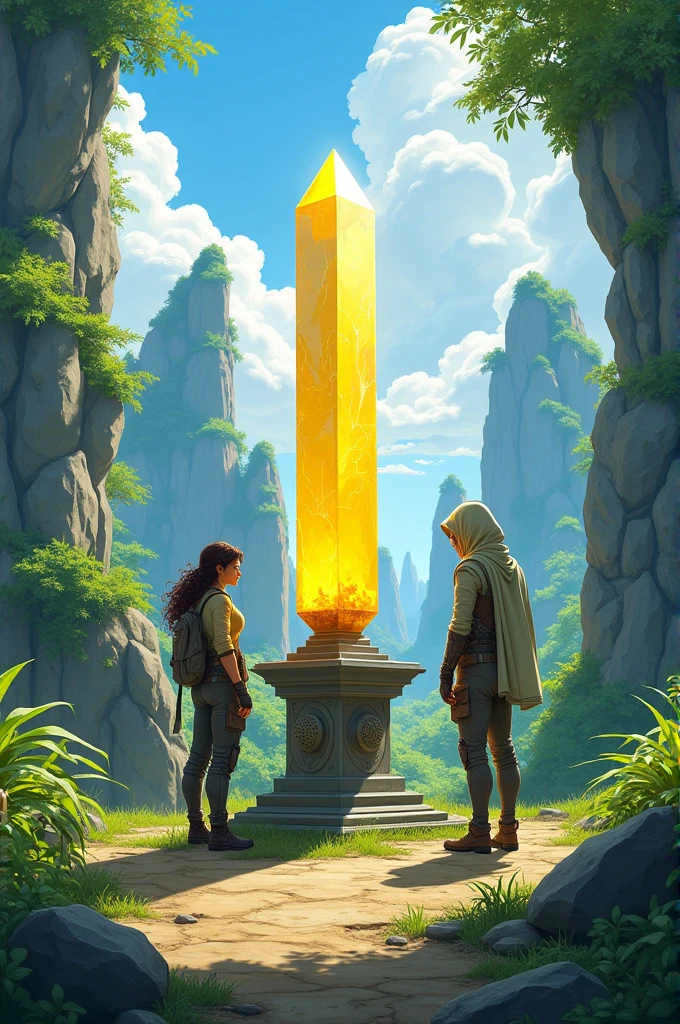 Style dessin, belle journée ensoleillée
au millieu d'une clairière luxuriante entourée d'une jungle epaisse parsemée d'énormes rochers montagneux acéré . Un superbe menhir de cristal jaune transparent, posé sur un petit socle métallique rectangulaire finement sculpté illumine la clairière de son éclat. Un aventuriers et une aventuriere en tenue futuristes examine de pret le cristal géant. Derrière eux, un vieil homme vêtu d'une sombre cape à capuche lui couvrant la tête les observent paisiblement.