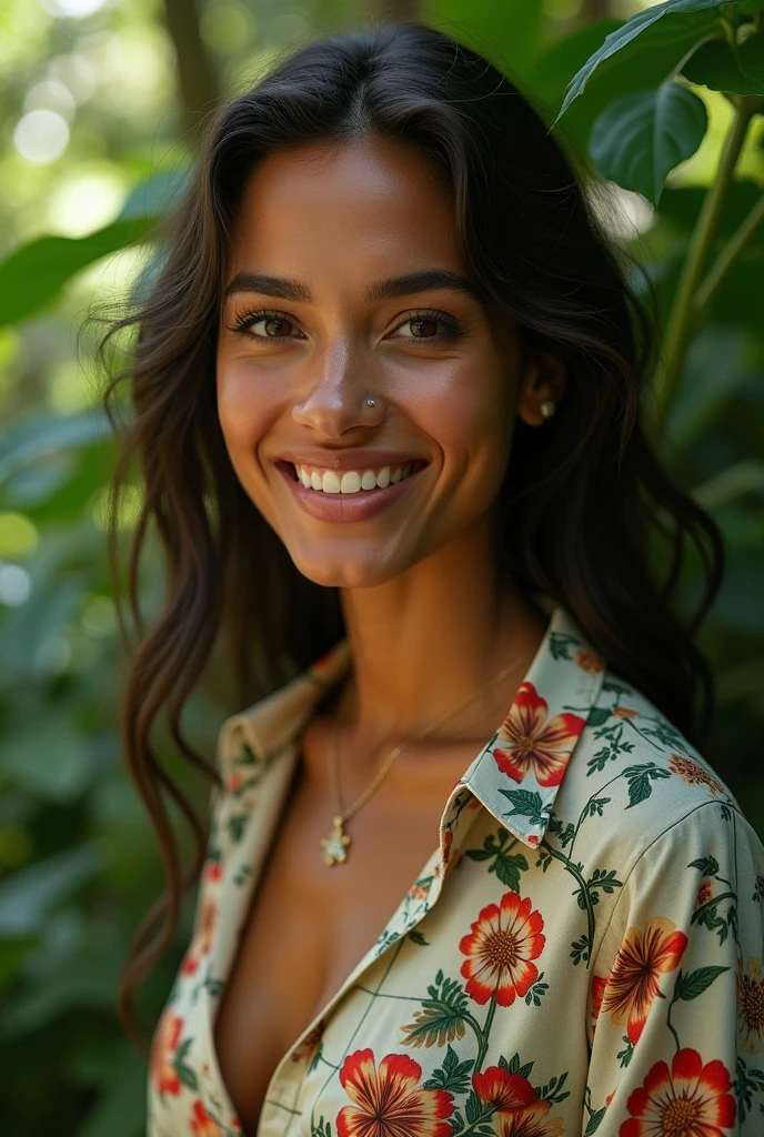A Brazilian woman in a lush tropical garden, wearing an open shirt with a floral print, with a close-up capturing the harmonious beauty between her breasts and the natural flowers, showing off your natural charm and outgoing personality.