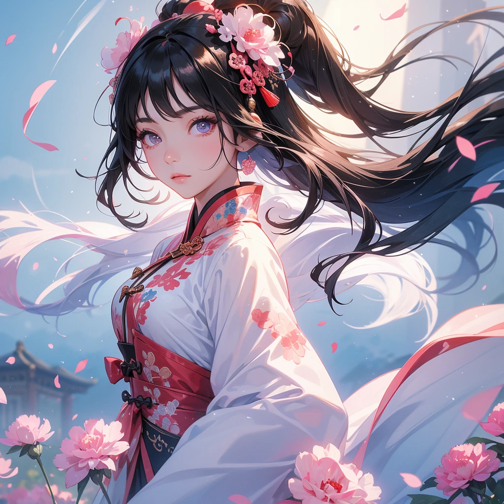 A beautiful girl with black long hair, wear blue ancient chinese clothes, Standing in the middle of pink carnations, There are some floating clouds, with the sun shining on her face, close up.