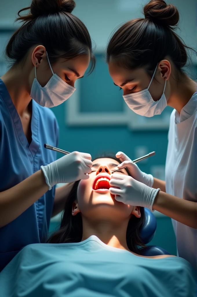 Dental assistant with dentist with patient and tooth extraction
