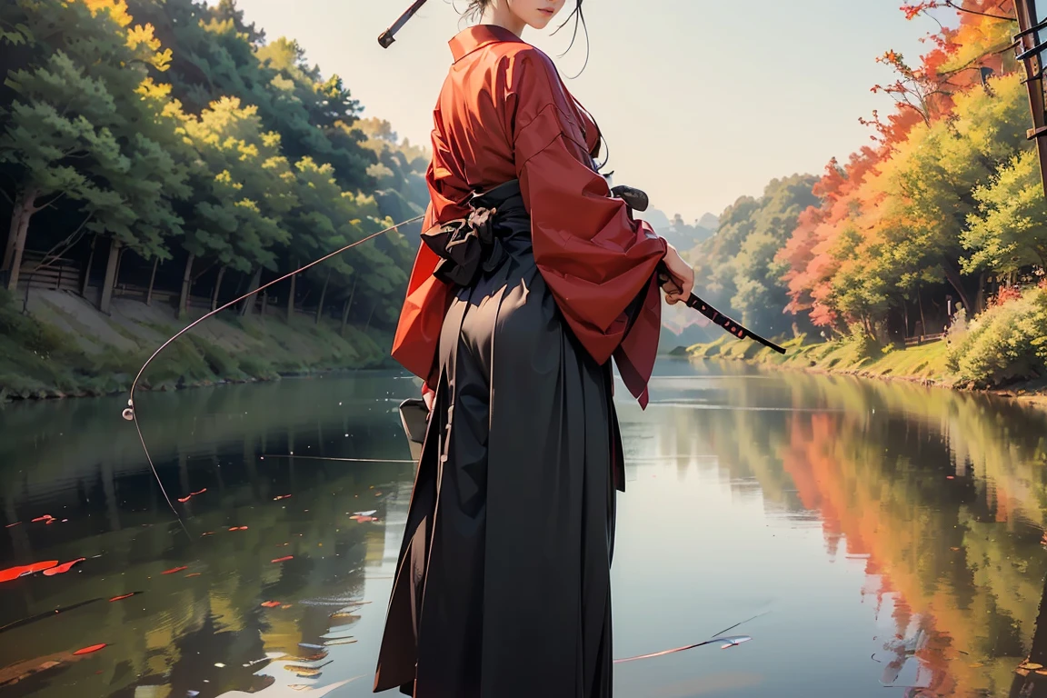 ((masterpiece, highest quality, Highest image quality, High resolution, photorealistic, Raw photo, 8K, Extremely detailed CG unified 8k wallpaper)), Fishing Samurai girl, black hair tied back, detailed beautiful face, detailed female hands, wearing red kimono and black hakama, holding a fishing rod, Caught a big fish, (Standing on a wooden bridge, holding a fishing rod, casting the line into the river, from behind, on a holiday afternoon,:1.3), 