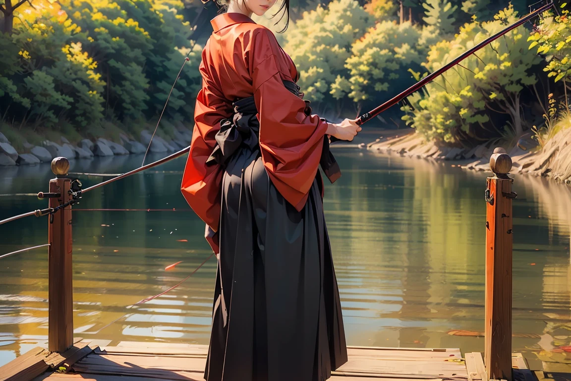 ((masterpiece, highest quality, Highest image quality, High resolution, photorealistic, Raw photo, 8K, Extremely detailed CG unified 8k wallpaper)), Fishing Samurai girl, black hair tied back, detailed beautiful face, detailed female hands, wearing red kimono and black hakama, holding a fishing rod, Caught a big fish, (Standing on a wooden bridge, holding a fishing rod, casting the line into the river, from behind, on a holiday afternoon,:1.3), 