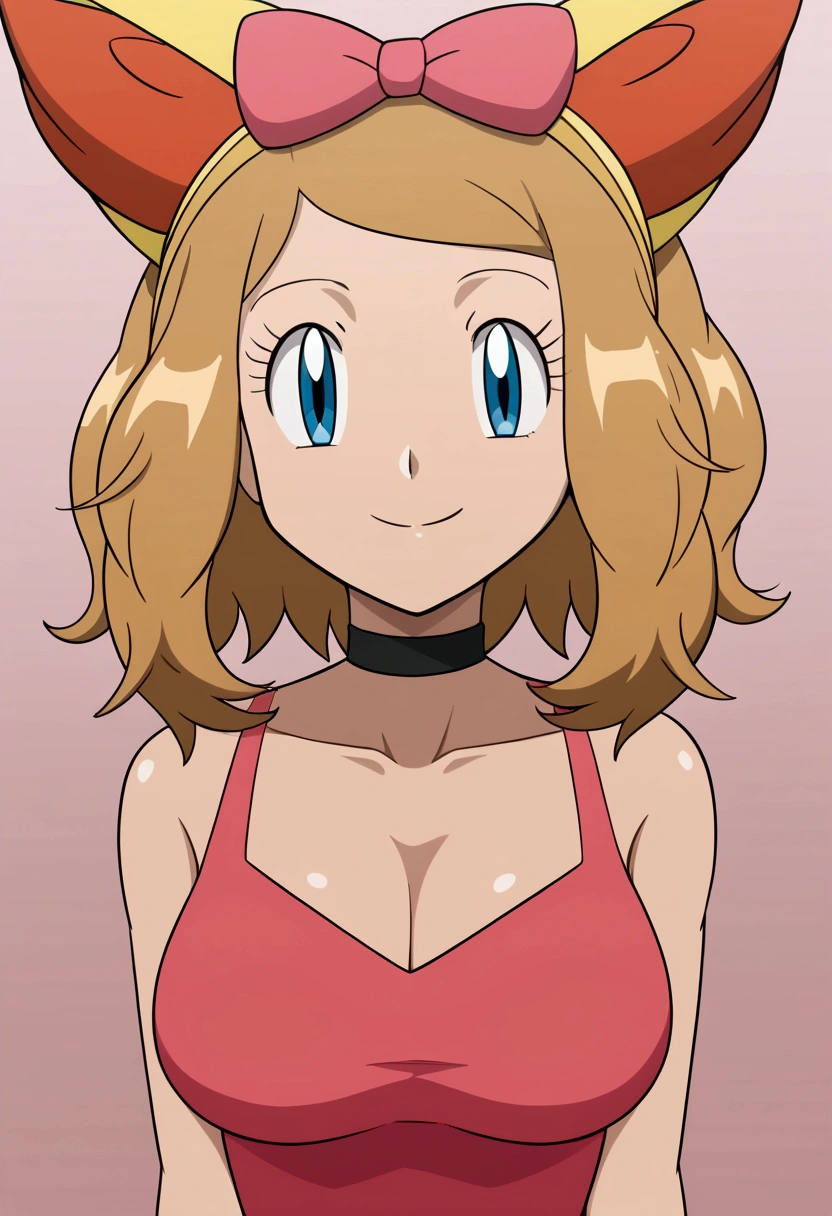 masterpiece, best quality, 1girl,serena \(pokemon\), short hair, blonde hair, blue eyes, eyelashes, black choker, hair bow, dress, collarbone, large breasts, upper body, smile, looking at viewer, solo, simple background