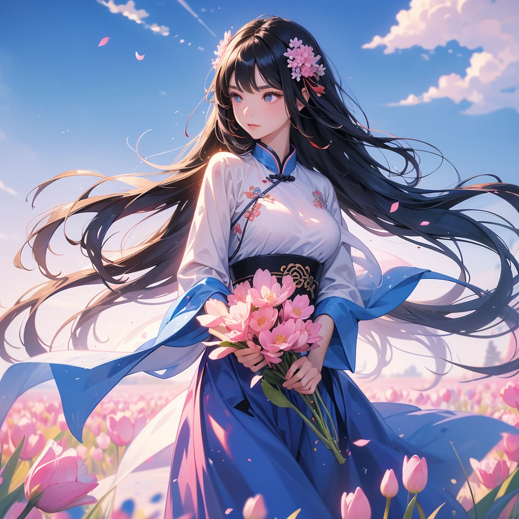 A beautiful girl with black long hair, wear blue ancient chinese clothes, Standing in the middle of pink tulip field , There are some floating clouds, with the sun shining on her face, close up.