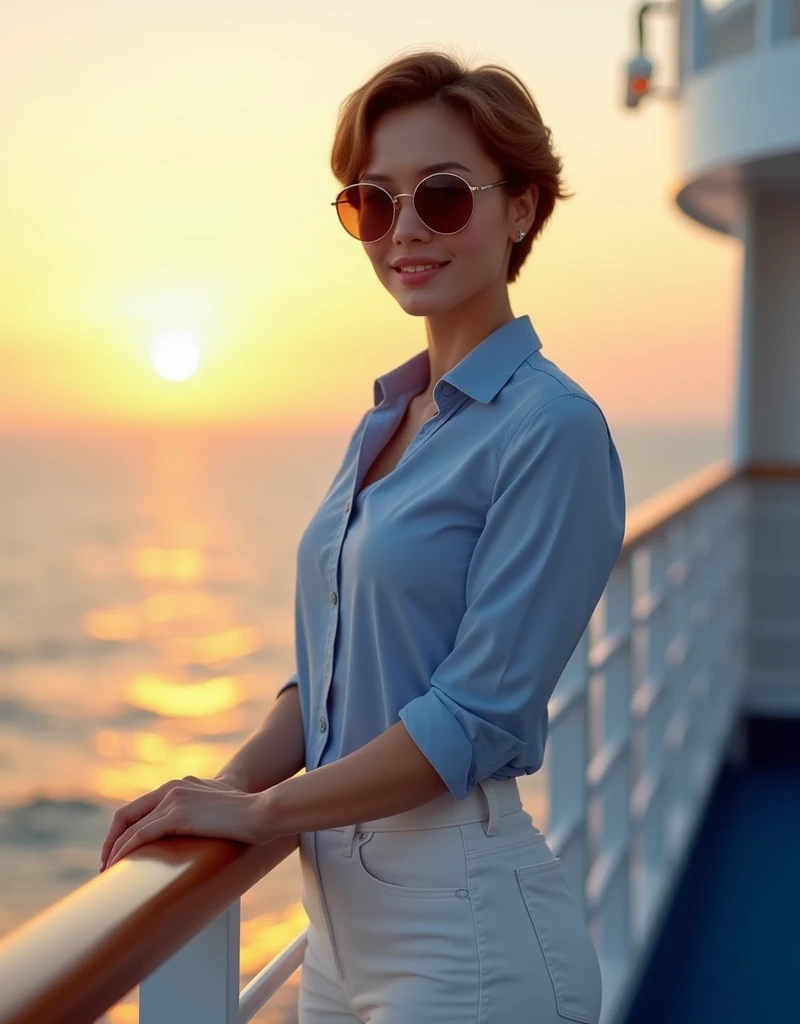 (((wide shot, full body, beautiful 35 year old desirable asian woman with distinguished features posing next to the railing on a cruise ship at sunrise))), (  sunglasses stylish blue shirt, white pants, loafers), (light brown very short hair, clean face, intriguing brown eyes), muscular build, medium height, seductive smile with a flirty smile, detailed depiction of facial features, perfectly symmetrical face, bright outdoor sunrise lighting masterfully accentuates her excellent features blue atmosphere 