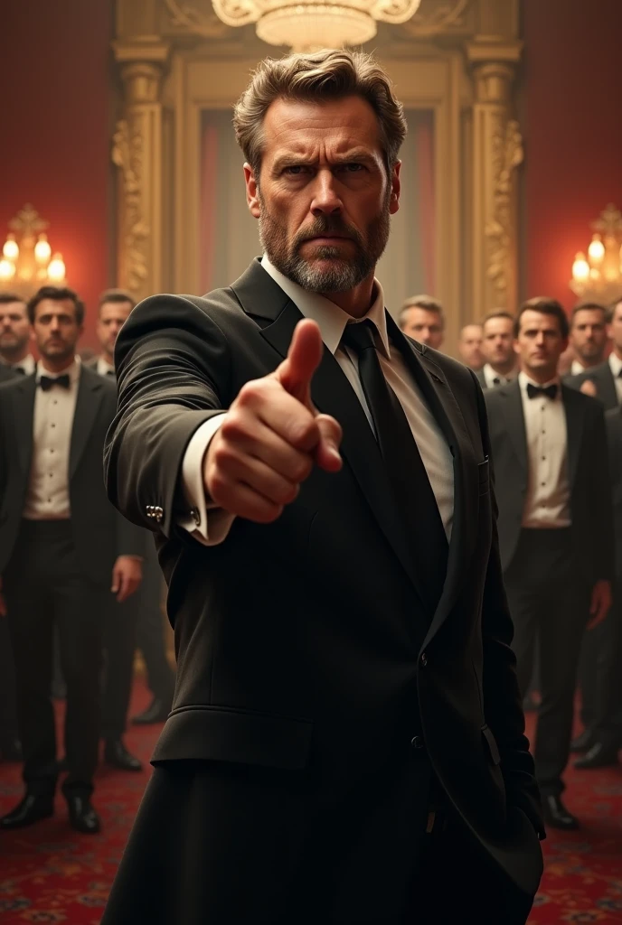 A realistic picture of a fifty years old man with light brown hair and beard. He has fair complexion and has an angry look on his face. He is pointing his his hand outside telling someone to go away. He is wearing black suit and standing on a ball room filled with many men and women behind him.
