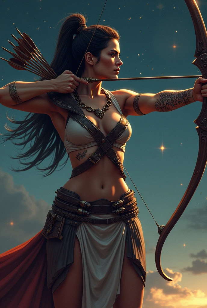 Arafed woman in bikini holding a bow and arrow., with bow and arrow, ne zha to hurt, A beautiful warrior woman, beautiful warrior, amazon warrior, chica anime with bow and arrow, film goddess body shot, holding bow and arrow, Warrior Princess, sartén chengwei en artstation, warrior girl, Goddess of the hunt