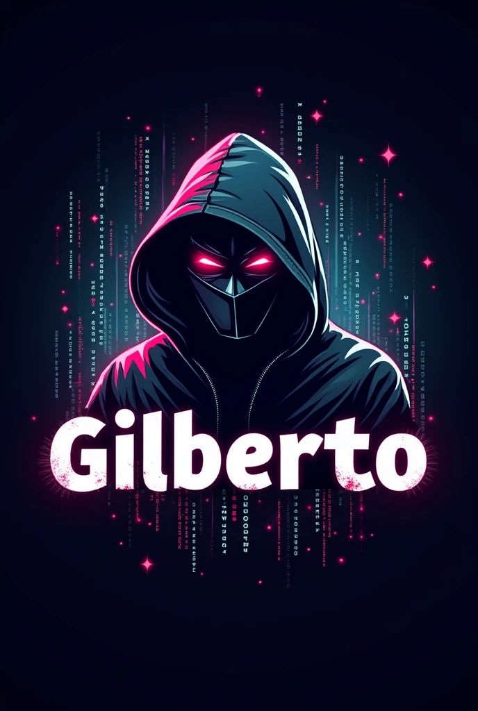 Create a hacker logo playing with the name Gilberto in nice letters below with a hacker background