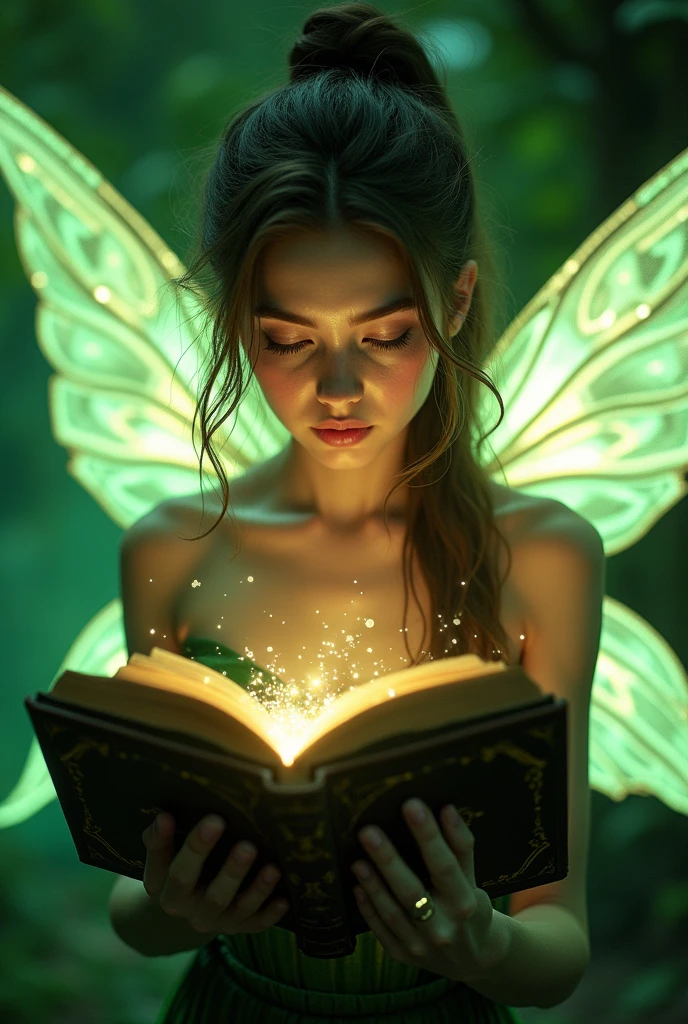 A beautiful fairy with glowing wings reads an ancient book of magic and spells. She has detailed facial features and there is a glowing green light in the background with cinematic lighting, fairycore, hkmagic, masterpiece, best quality, highly detailed, sharp focus, dynamic lighting