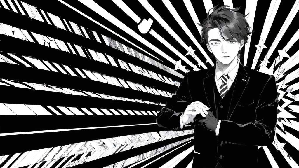 (((Black and white background with converging lines)))、(((Young handsome man with surprised face))),