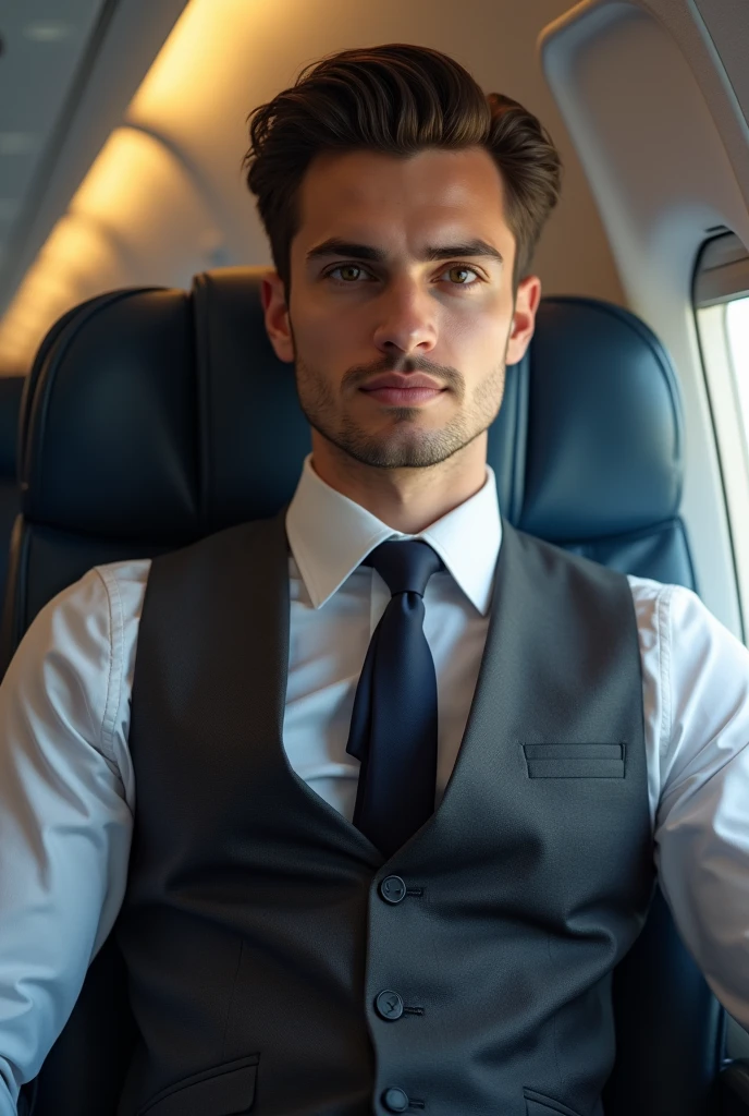 Imagine a young business executive。, Around 2 , Traveling by plane、I have a backpack。 . He was wearing only an elegant vest. . His carefully styled hair、It gives a sophisticated impression。, His eyes reflect determination and ambition.。. Emphasizes a confident and focused look。