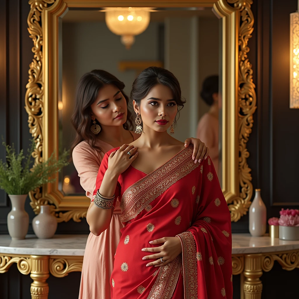 A luxurious Indian saree draping experience set in an upscale salon. The scene features a graceful woman wearing a richly embroidered saree, being elegantly draped by a skilled beautician. The saree is vibrant with intricate designs, reflecting traditional Indian craftsmanship. The woman stands in front of a large ornate mirror, with soft, ambient lighting that highlights the rich textures and colors of the saree. The salon has a modern yet culturally rich interior, with a blend of contemporary decor and traditional Indian elements like gold accents and intricate patterns. The atmosphere is serene and refined, showcasing the elegance and sophistication of the saree draping process for high-end clientele.