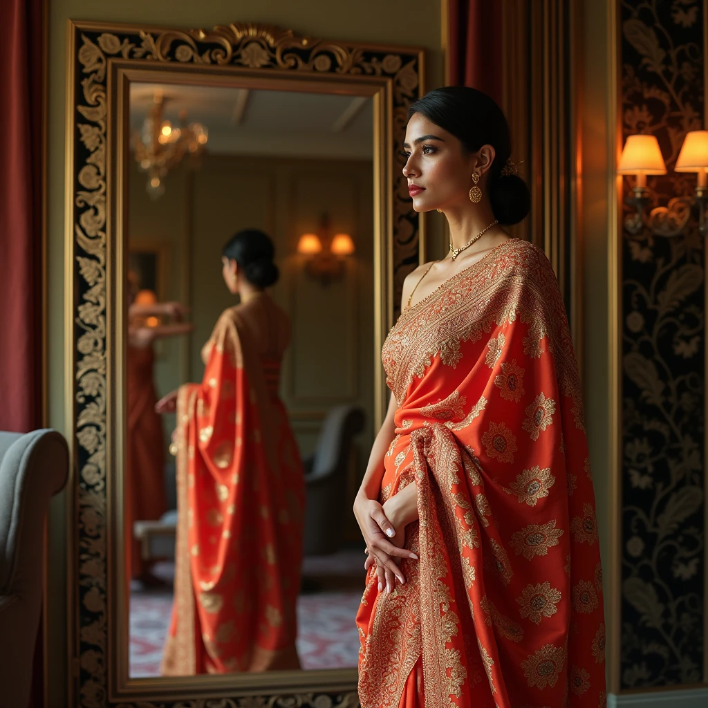A luxurious Indian saree draping experience set in an upscale salon. The scene features a graceful woman wearing a richly embroidered saree, being elegantly draped by a skilled beautician. The saree is vibrant with intricate designs, reflecting traditional Indian craftsmanship. The woman stands in front of a large ornate mirror, with soft, ambient lighting that highlights the rich textures and colors of the saree. The salon has a modern yet culturally rich interior, with a blend of contemporary decor and traditional Indian elements like gold accents and intricate patterns. The atmosphere is serene and refined, showcasing the elegance and sophistication of the saree draping process for high-end clientele.