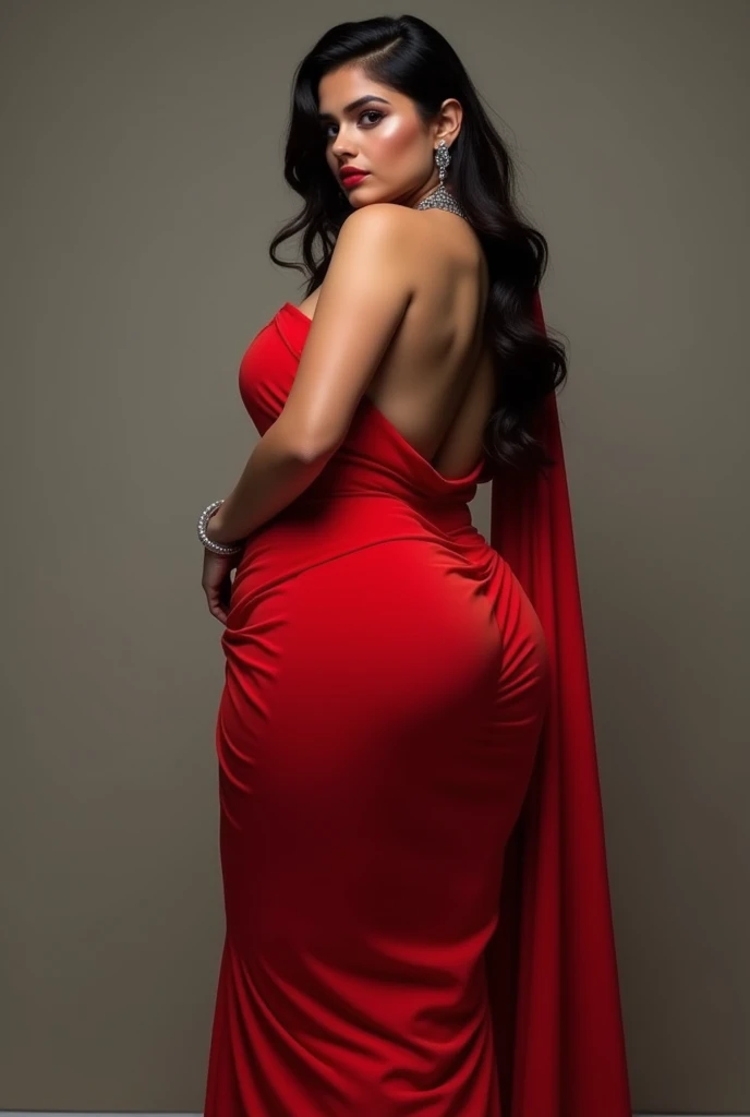 *The woman wore a red gown similar to jessica rabbit's gown. The gown unable to contain her immensely huge breasts spills some from the top and between middle deep cut. Her cleavage looked so deep like an abyss. Her figure like an hourglass with her small waist. The dress tightness even showed her defined abs and navel. Her ass curvy as hell and with backless showing her refined back. Her hair flowing down on her back and shoulder and she wore a hint of light makeup making her actually look like a real Goddess.