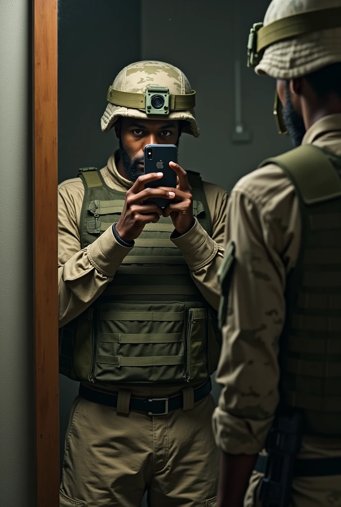 Somali militry soldier standing infront of mirror with his iphone covered his face