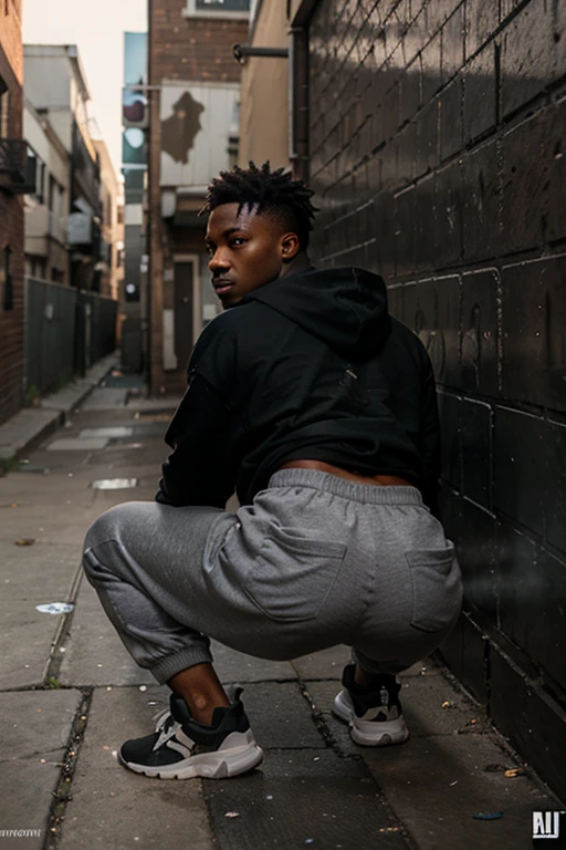 a young attractive black man, legal age, wearing baggy sweatpants, sagging pants, bare butt exposed by sagging pants, unrealistically big butt, squatting down in an alleyway, facing a brick wall, holding spray paint can, extremely detailed face and body, realistic skin texture, detailed musculature, chiaroscuro lighting, cinematic composition, dramatic use of shadows, gritty urban environment, photorealistic, 8k, high resolution, hyper detailed,