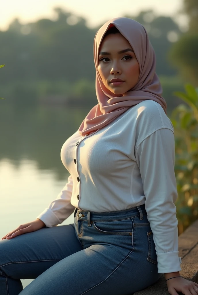 (photo realistic:1.4), (hyper realistic:1.4), (realistic:1.3), (smoother lighting:1.05), (increase cinematic lighting quality:0.9), 32K, 1girl, 20yearsold indonesian girl, huge breasted, wear simple hijab, tight white longsleeve t-shirt, tight jeans, sitting on the riverside fence, realistic lighting, backlighting, light on face, ray trace, (brightening light:1.2), (Increase quality:1.4), (best quality real texture skin:1.4), finely detailed eyes, finely detailed face, finely quality eyes, (sensual and seductive expression:0.0).