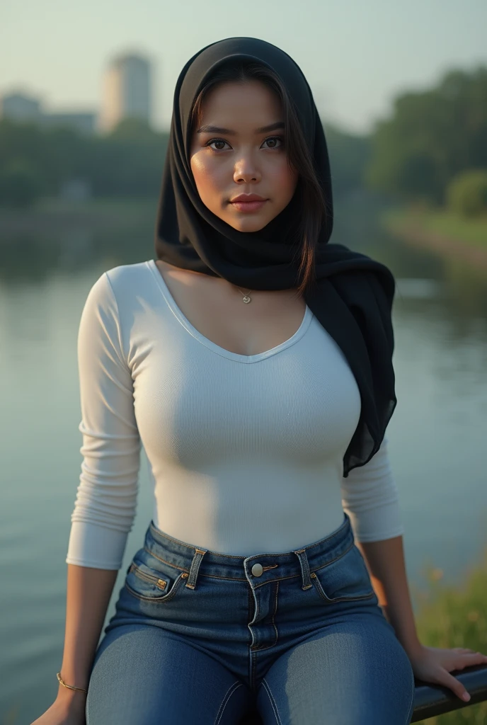 (photo realistic:1.4), (hyper realistic:1.4), (realistic:1.3), (smoother lighting:1.05), (increase cinematic lighting quality:0.9), 32K, 1girl, 20yearsold indonesian girl, huge breasted, wear simple hijab, tight white longsleeve t-shirt, tight jeans, sitting on the riverside fence, realistic lighting, backlighting, light on face, ray trace, (brightening light:1.2), (Increase quality:1.4), (best quality real texture skin:1.4), finely detailed eyes, finely detailed face, finely quality eyes, (sensual and seductive expression:0.0).