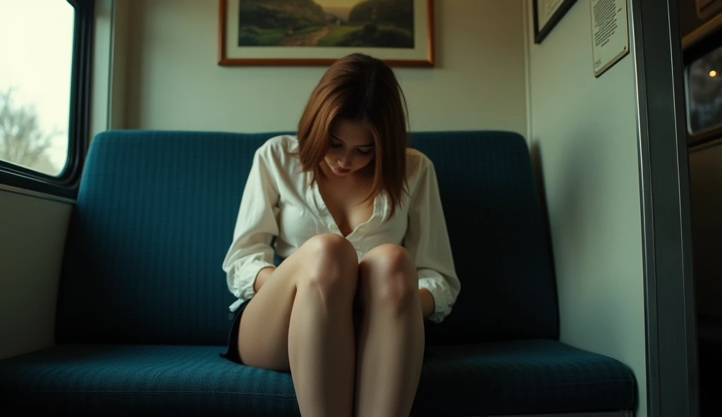 “（tmasterpiece，k hd，hyper HD，4K）brown  hair，Very short, Very short skirt，emphasizing thighs，Fair thighs，soft thighs，shiny thighhighs，Sitting on the train，Face-to-face perspective，（bottom angles），sitting in the train seat，sitting in front，The camera zooms in on the groin，Feet on the train floor，full bodyesbian，Lowered his head and fell asleep，looking at the viewer only，" Best quality， hyper HD， （Straighten your legs： 1.4）， ， A high resolution， the detail， RAW photogr， Sharp updates， Nikon D850 film stock photo by Lee Jefferies 4 Kodak Portra 400 camera f1.6 shots, Rich colors, Ultra-realistic animated textures, Dramatic lighting, illusory engine, Art Station, Cinestir 800 trend，