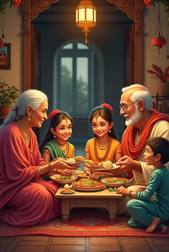 An indian religious old family eating food together very happily