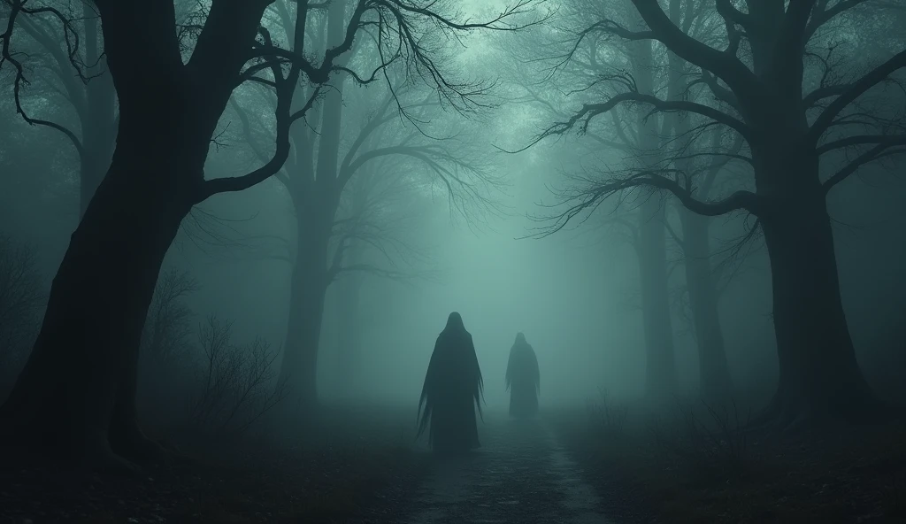 Image Prompt: A dark, misty forest with a ghostly outline of figures fading into the distance, symbolizing the mystery and uncertainty