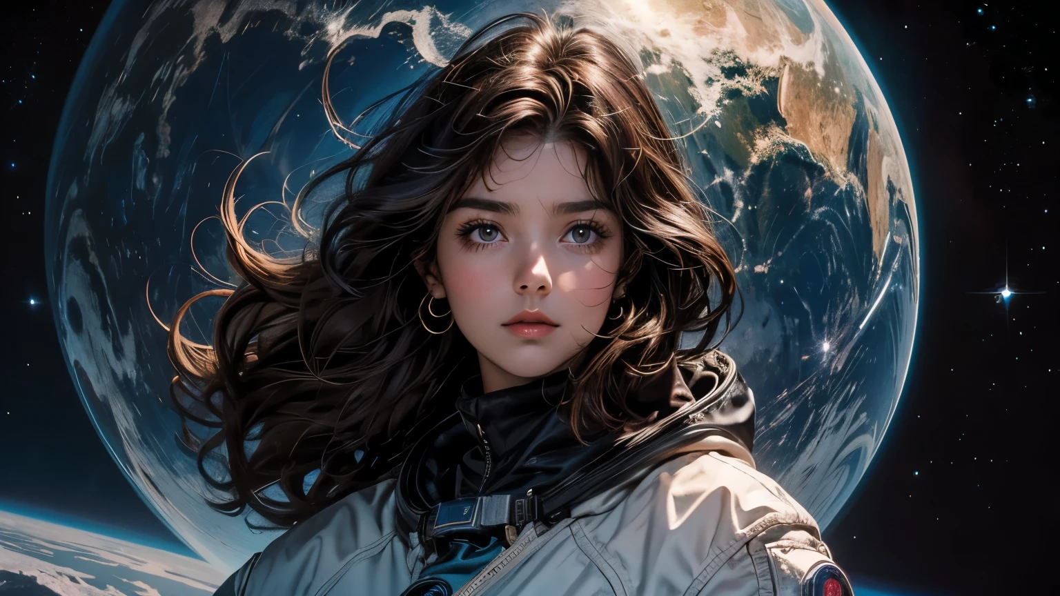 A beautiful woman. Dark brown hair. Twenty years old. She is looking at the camera with a serious expression. An image of outer space and four-dimensional space-time in the space behind her.