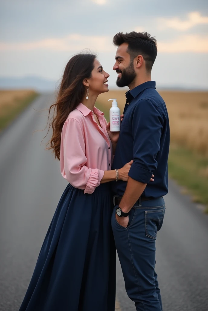 A real life beautiful Lebanese woman on a beautiful long sleeve pink shirt and navy blue long skirt with her American male partner on a navy blue attire and chinos, smiling on a long road alone, holding a large skin care lotion bottle in one hand, looking at each other affectionately but distant from each other, smiling and happy, with a subtle background of stars or a compass, symbolizing their journey together being guided by destiny.
With a caption of: I Write Books on Skincare, Relationship and Destiny.