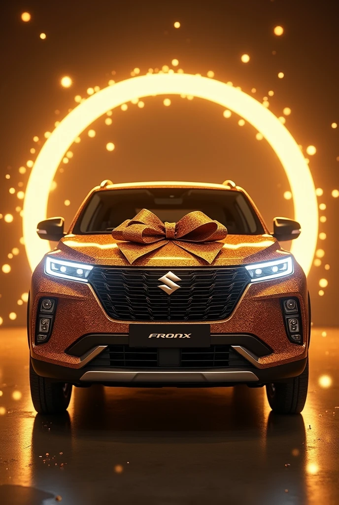 Suzuki FRONX SUV car with realistic glitter paint coming out of a stylish golden circular frame, with flashes of golden lights around, a big bow on the car and the title “Suzuki” at the bottom