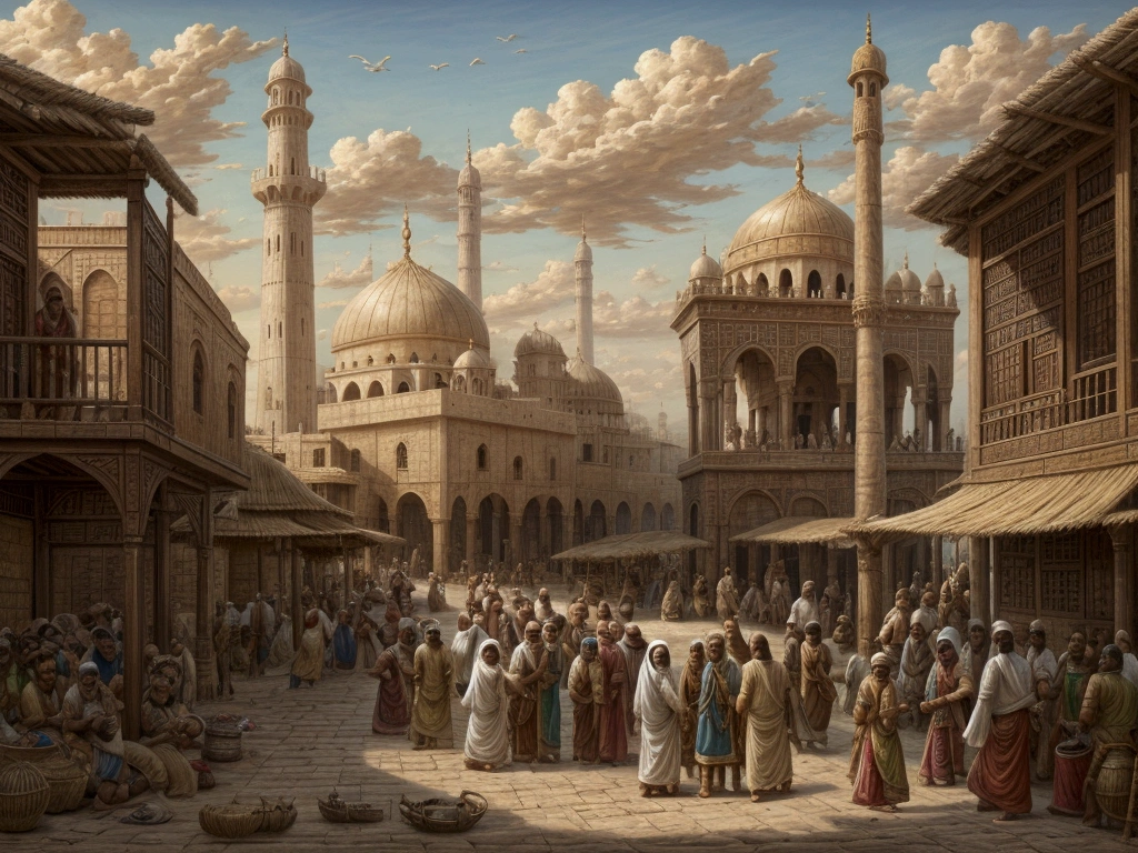 A bustling medieval port on the western coast of India, with wooden ships docked along the shore. In the foreground, Arab traders in traditional attire exchange goods with local Indian merchants. Behind them, a mosque with a minaret stands tall, juxtaposed against a Hindu temple, symbolizing the first cultural exchanges between the two communities. The atmosphere is lively, with people of diverse backgrounds interacting.