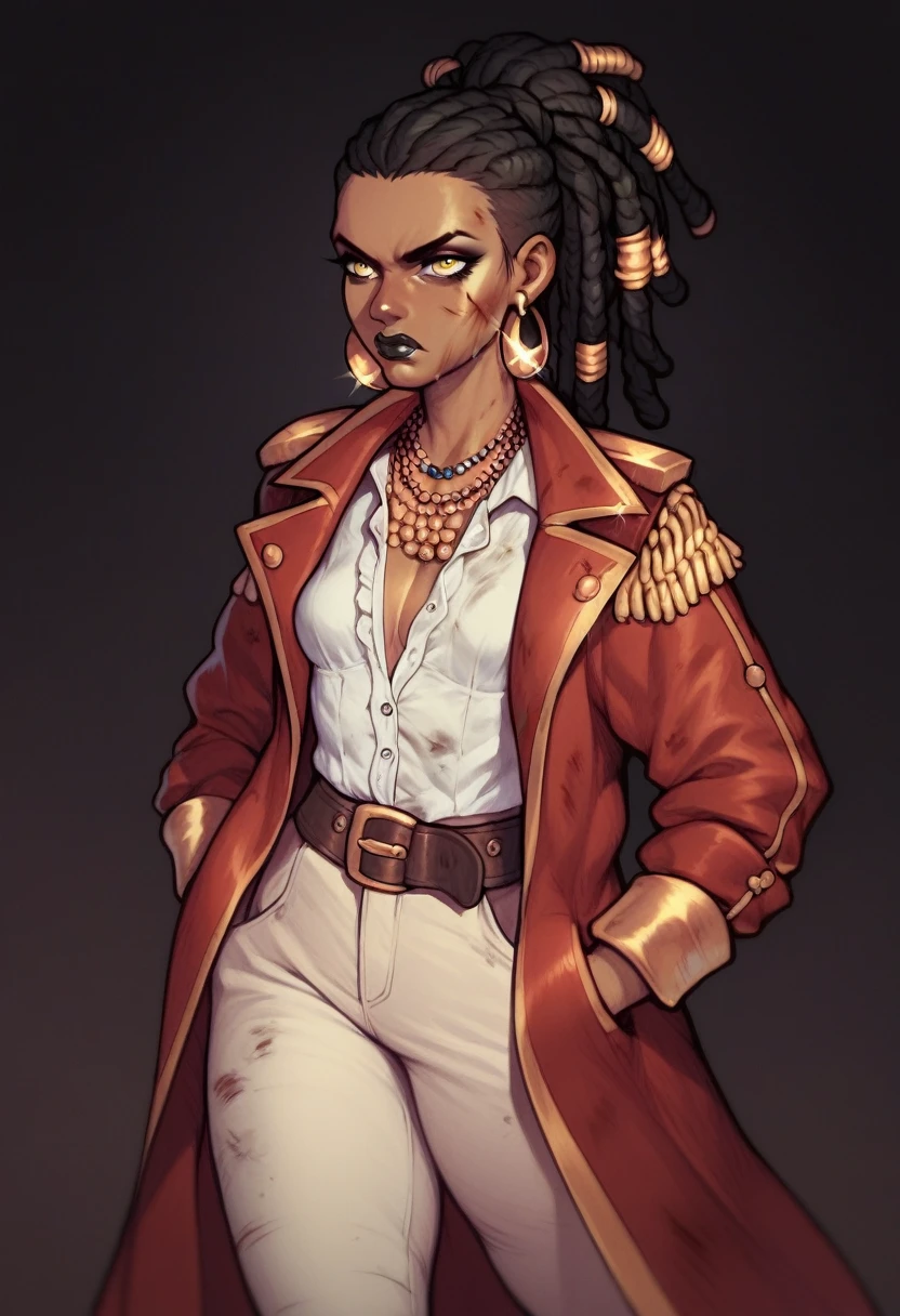 black pirate woman with long dreadlocks tied in a ponytail, black lipstick, yellow eyes clothes covered in blood, small breasts, dirty blue coat, white oversize pants, white shirt, serious face, belts all over her body, dark stormy weather, dark sky, on ship, golden earrings and necklaces, walking menacingly, hands in pockets