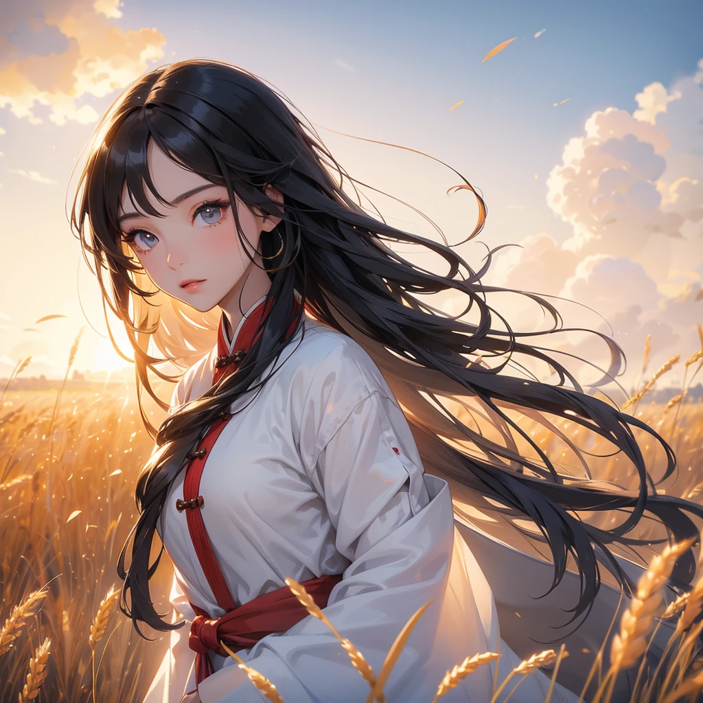 A beautiful girl with black long hair, wear white ancient chinese clothes, Standing in the middle of a wheat field , There are some floating clouds, with the sun shining on her face, close up.