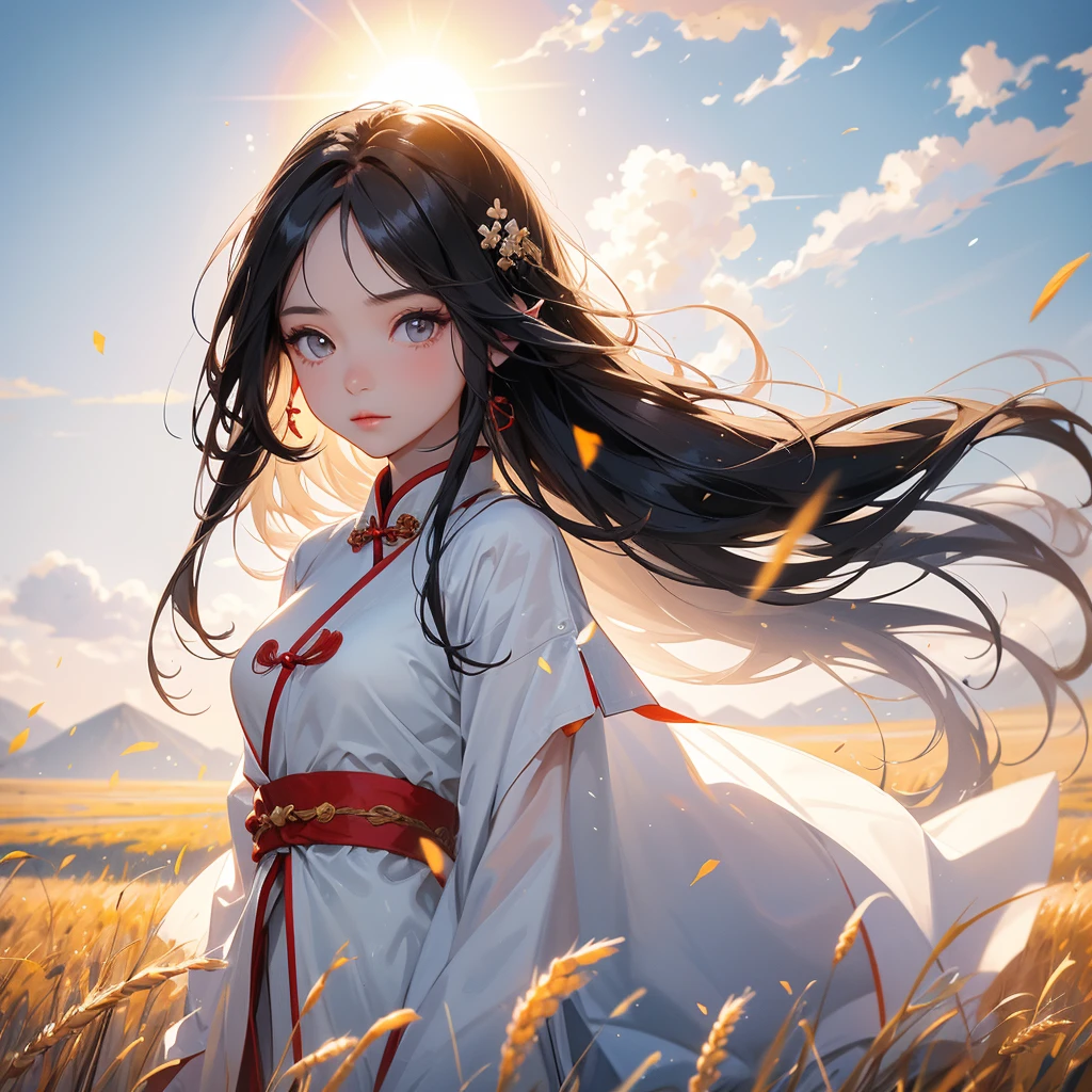 A beautiful girl with black long hair, wear white ancient chinese clothes, Standing in the middle of a wheat field , There are some floating clouds, with the sun shining on her face, close up.