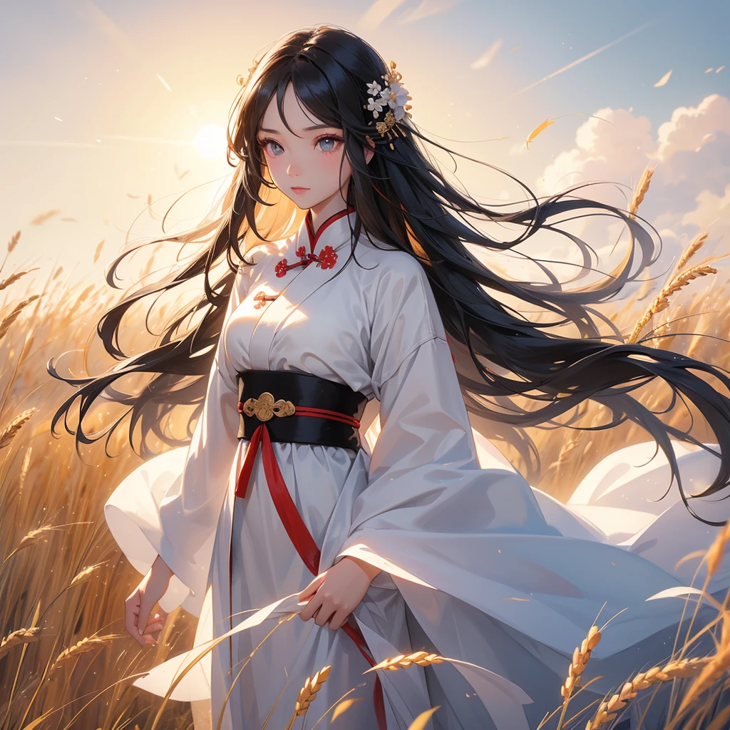 A beautiful girl with black long hair, wear white ancient chinese clothes, Standing in the middle of a wheat field , There are some floating clouds, with the sun shining on her face, close up.