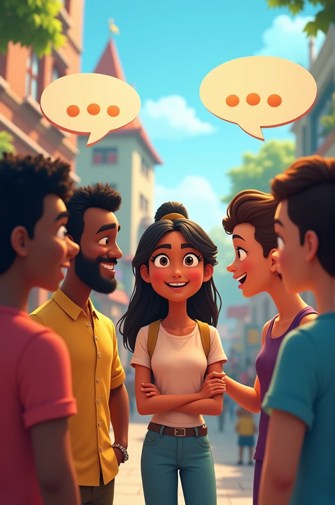 Animated conversation bubbles appearing between diverse characters representing different cultures.